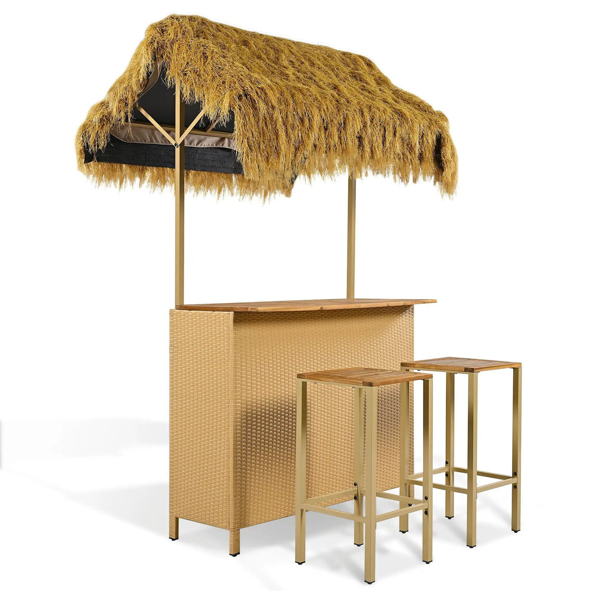 Outdoor Bar Height Patio Set | Acacia Wood Top | Grass Canopy | 5 Piece Natural