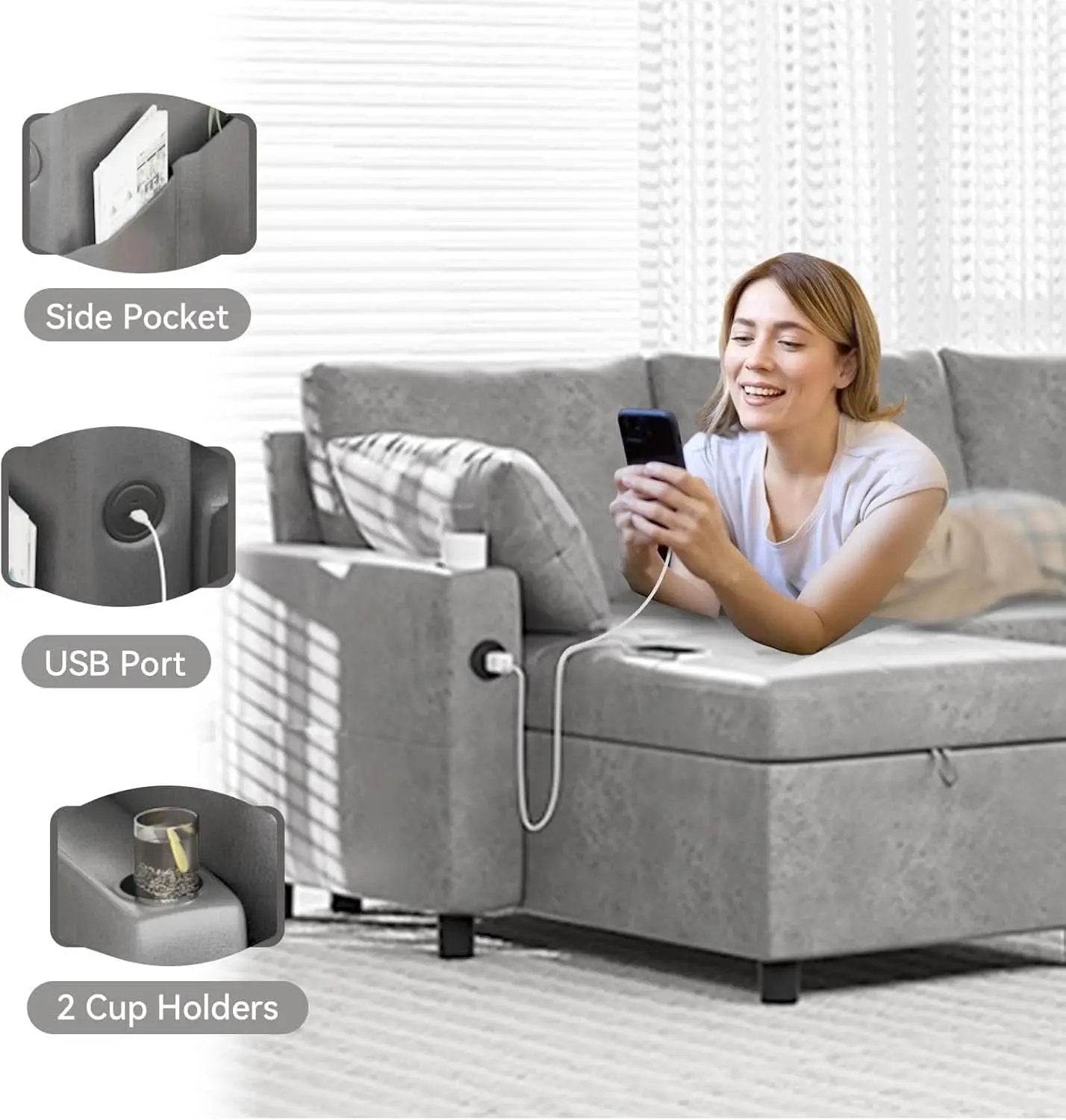 Charcoal Gray Sleeper Sofa With Reversible Storage Chaise from PriceLows™