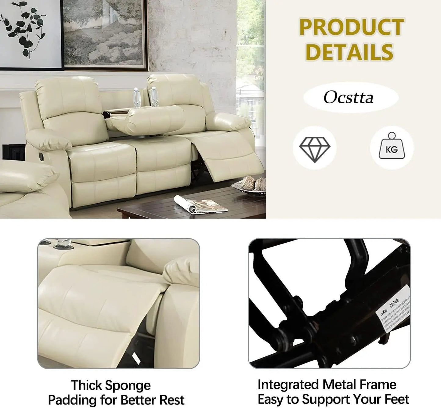 Beige Manual Leather 3 Piece Recliner Sofa Set For Living Room from PriceLows™