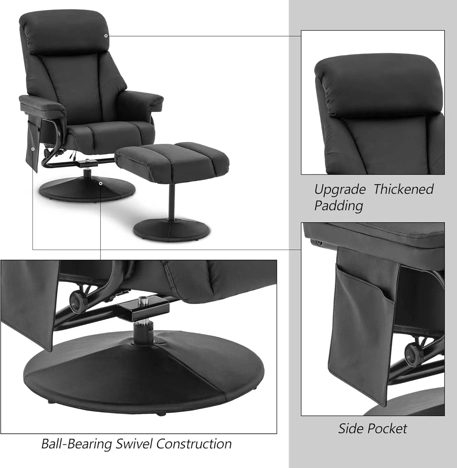 Swivel Recliner With Ottoman Black Faux Leather Massage from PriceLows™
