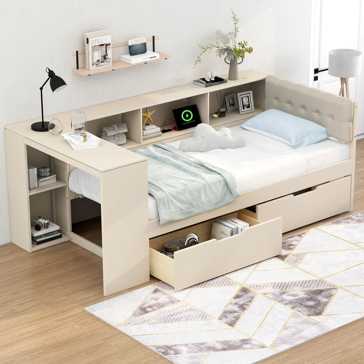 Upholstered Headboard Platform Bed | Storage Shelves | Two Drawers | Charging Station
