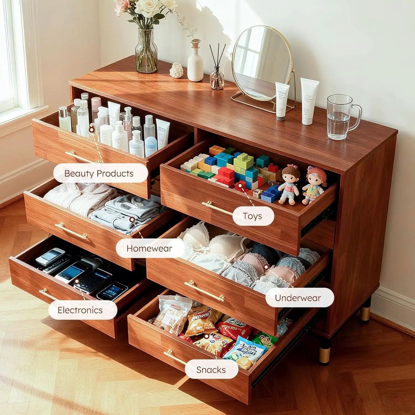 Walnut Dresser Six Drawer Storage Organizer Cabinet from PriceLows™
