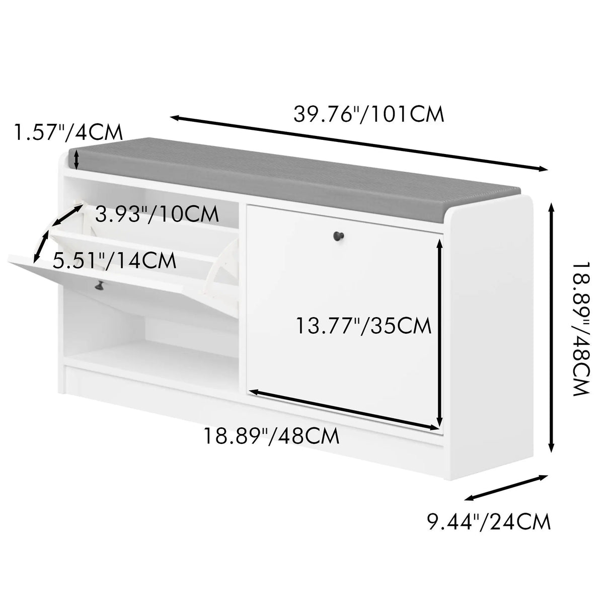 Shoe Storage Bench | Cushioned Seat | Adjustable Shelves | White