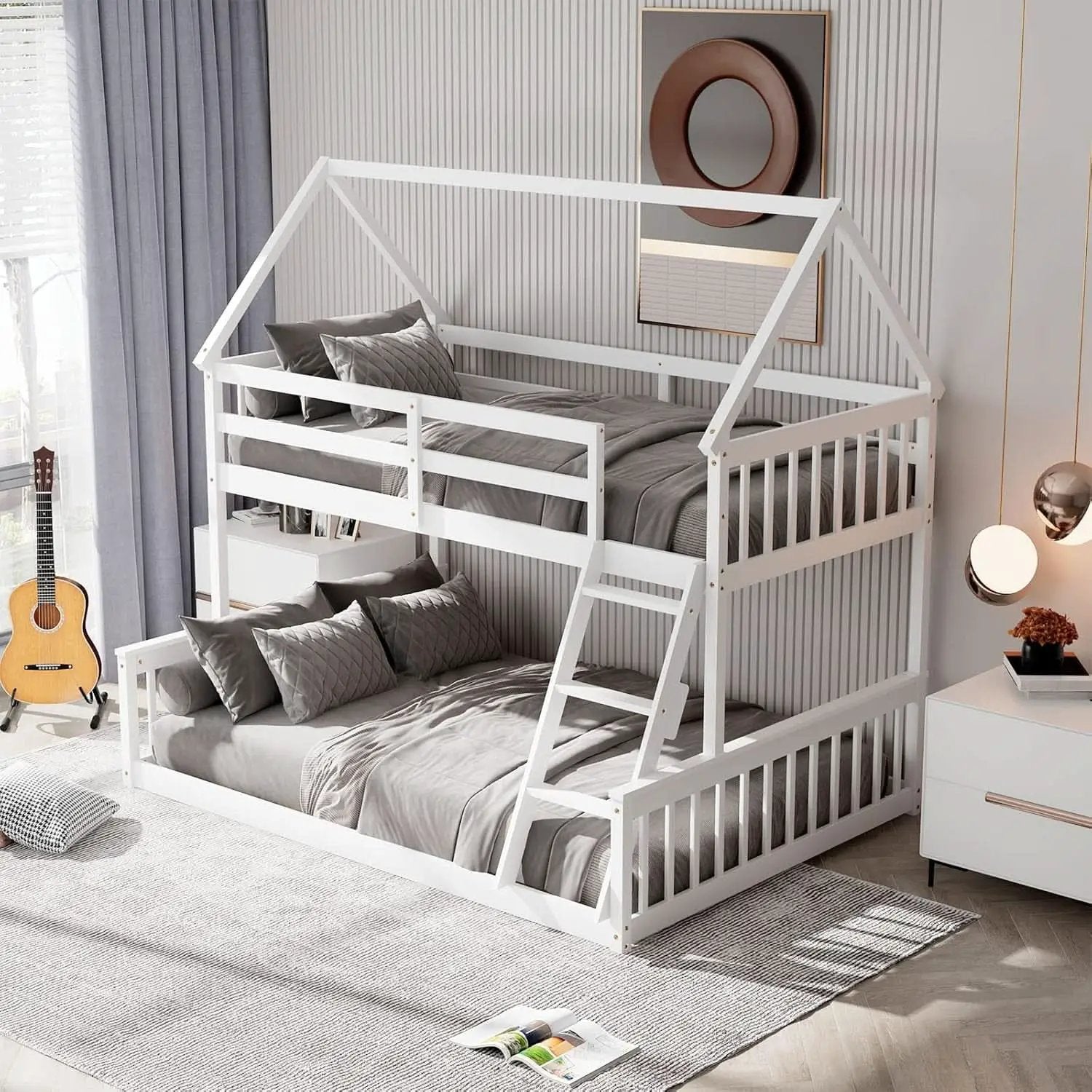 Solid Wood Twin Over Full Bunk Bed White With Guardrails from PriceLows™