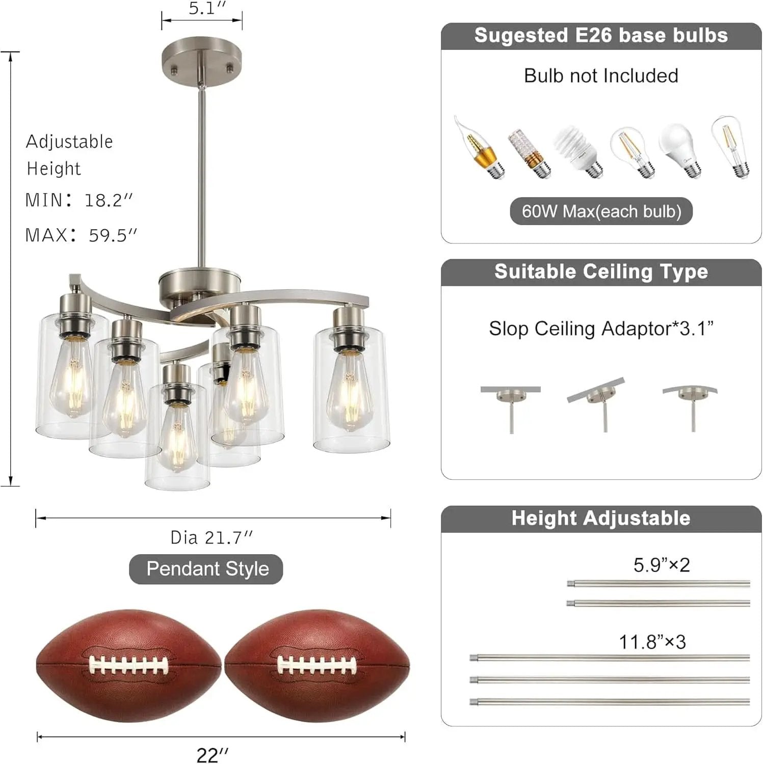 Brushed Nickel 6 Light Farmhouse Chandelier Pendant from PriceLows™