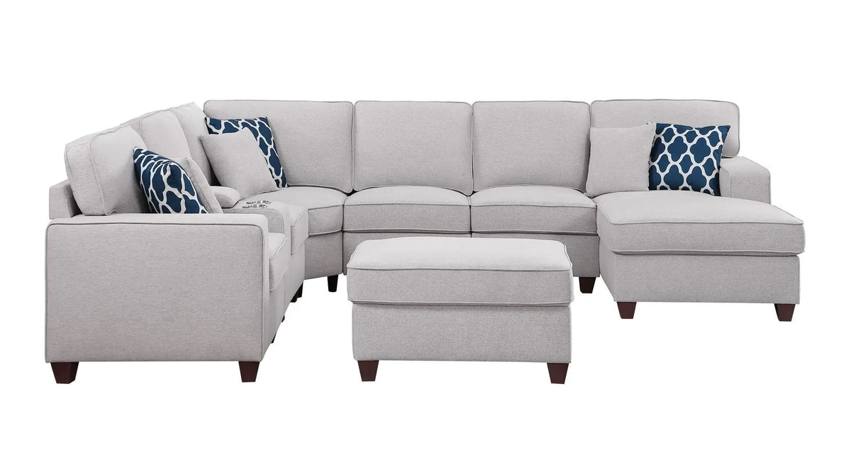 Tina 8-Piece Sectional | Upholstered Design | Ottoman Included | USB Cupholder Console