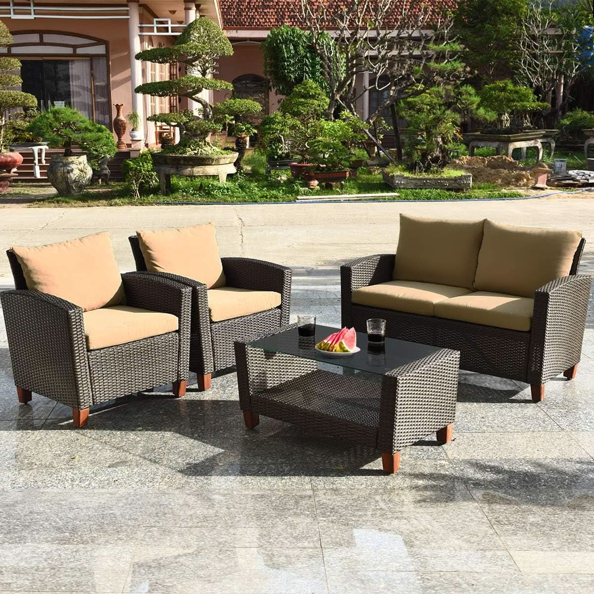 Patio Rattan Furniture Set 4 Piece Beige For Outdoor Use from PriceLows™