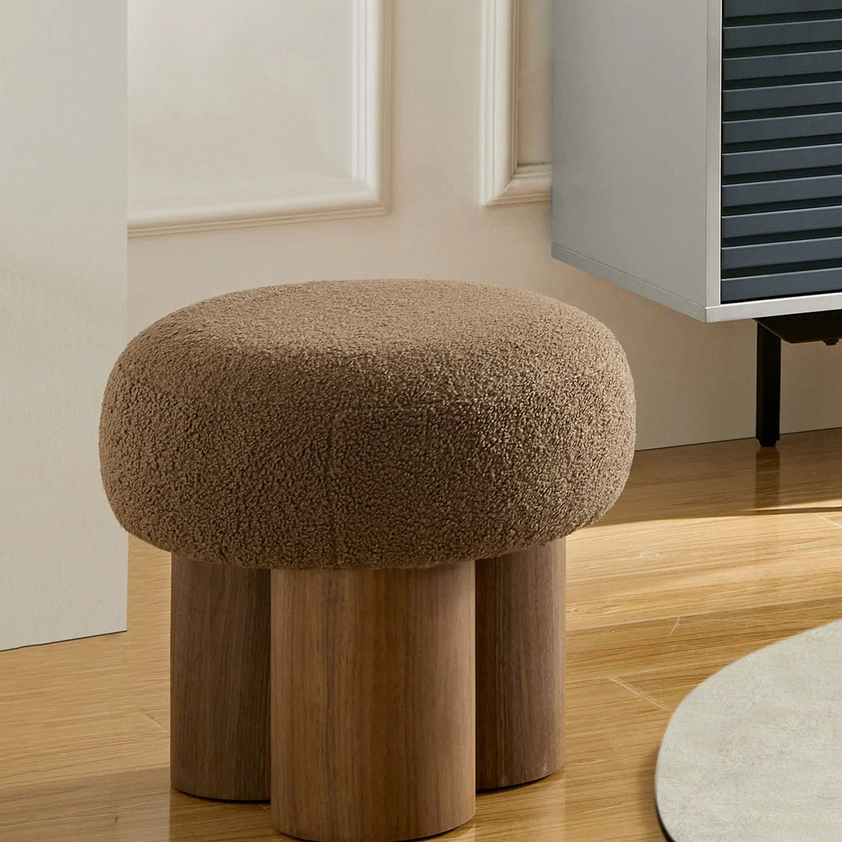 Mushroom Stool With Cushion | Greige Cushion | Wooden Barrel Base | 15.75 Inch Height