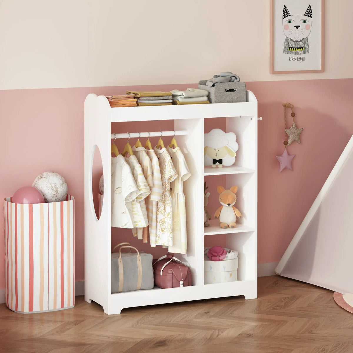 Toddler Dress Up Rack | Full Length Mirror | 3 Side Hooks | White