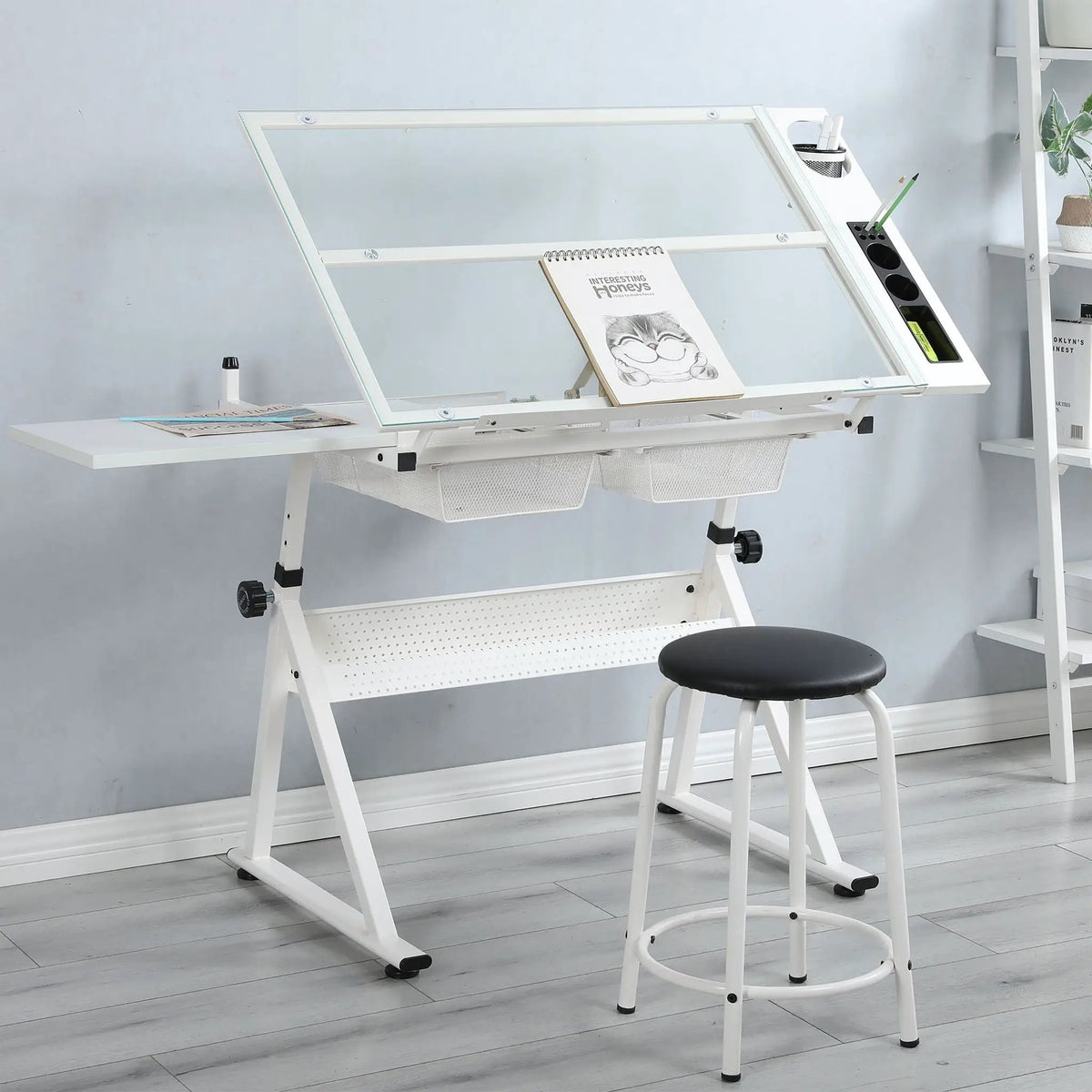 Tempered Glass Drafting Table | Adjustable Tilt 0 To 75 Degrees | Two Metal Drawers | Chair Included