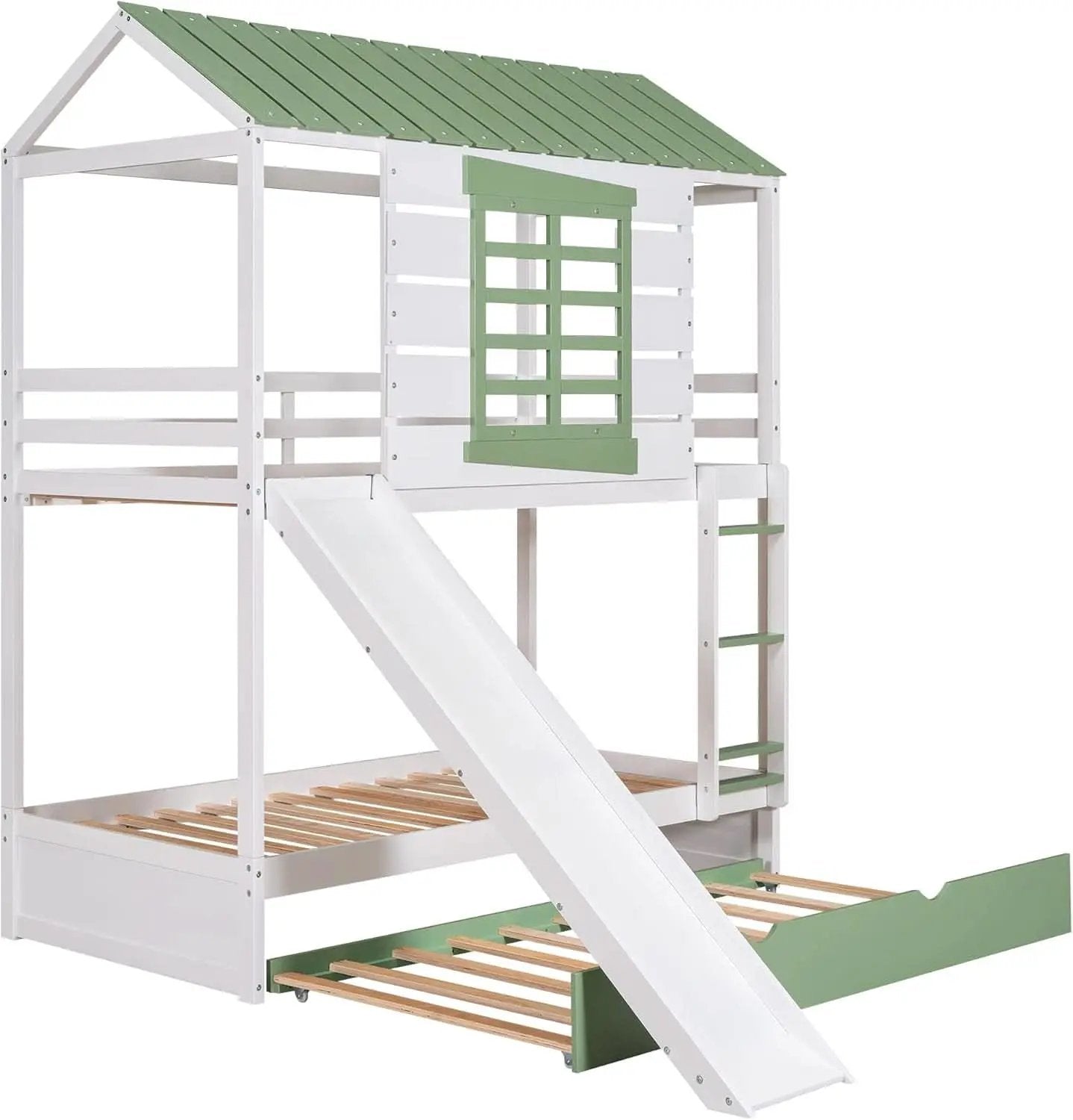 Bunk Bed Twin Over Twin With Slide And Trundle White Green from PriceLows™