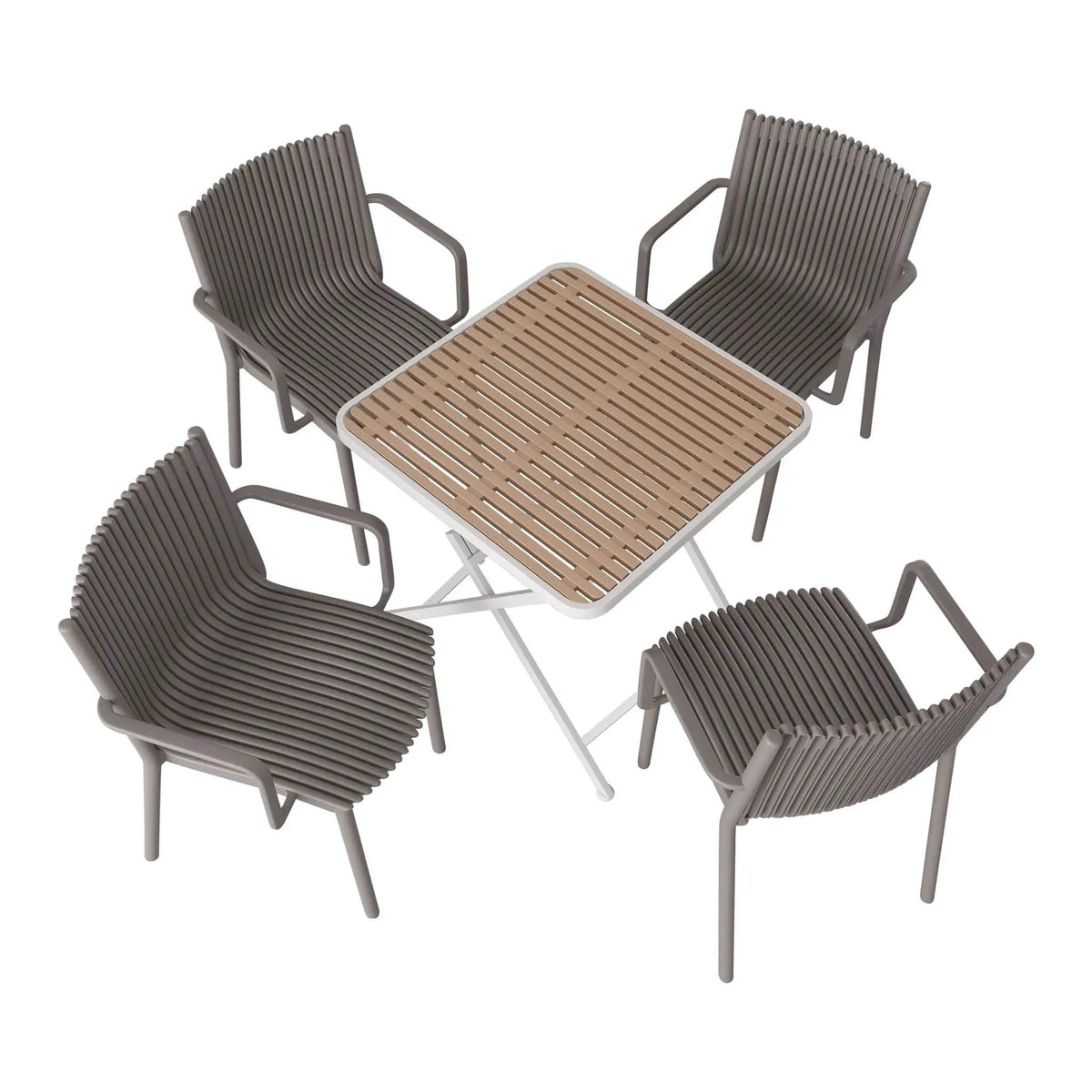 4 Modern Stackable Plastic Armchair Matched With Folding Square Table 5 Piece | 5 Piece Outdoor Set | Metal | Outdoor Living