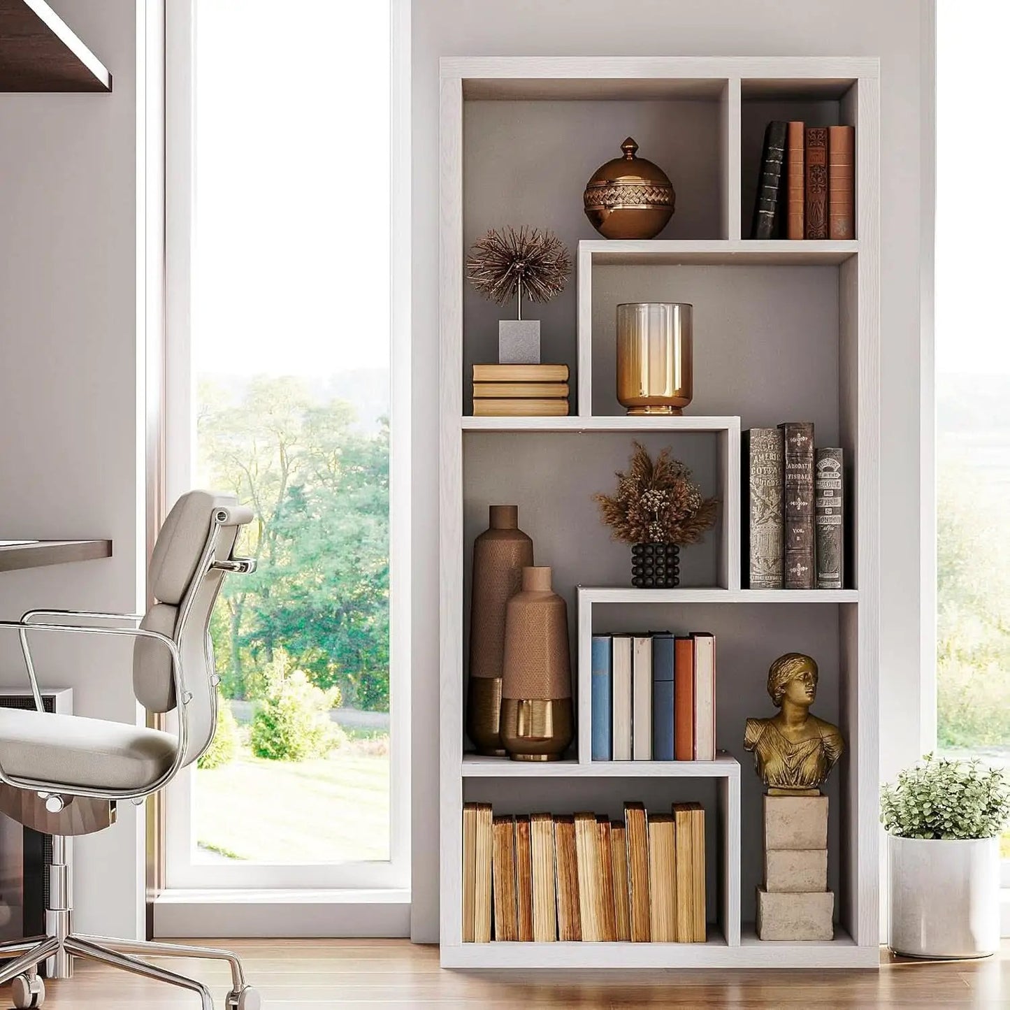 Geometric 6 Shelf Industrial Bookcase White Tall Storage from PriceLows™