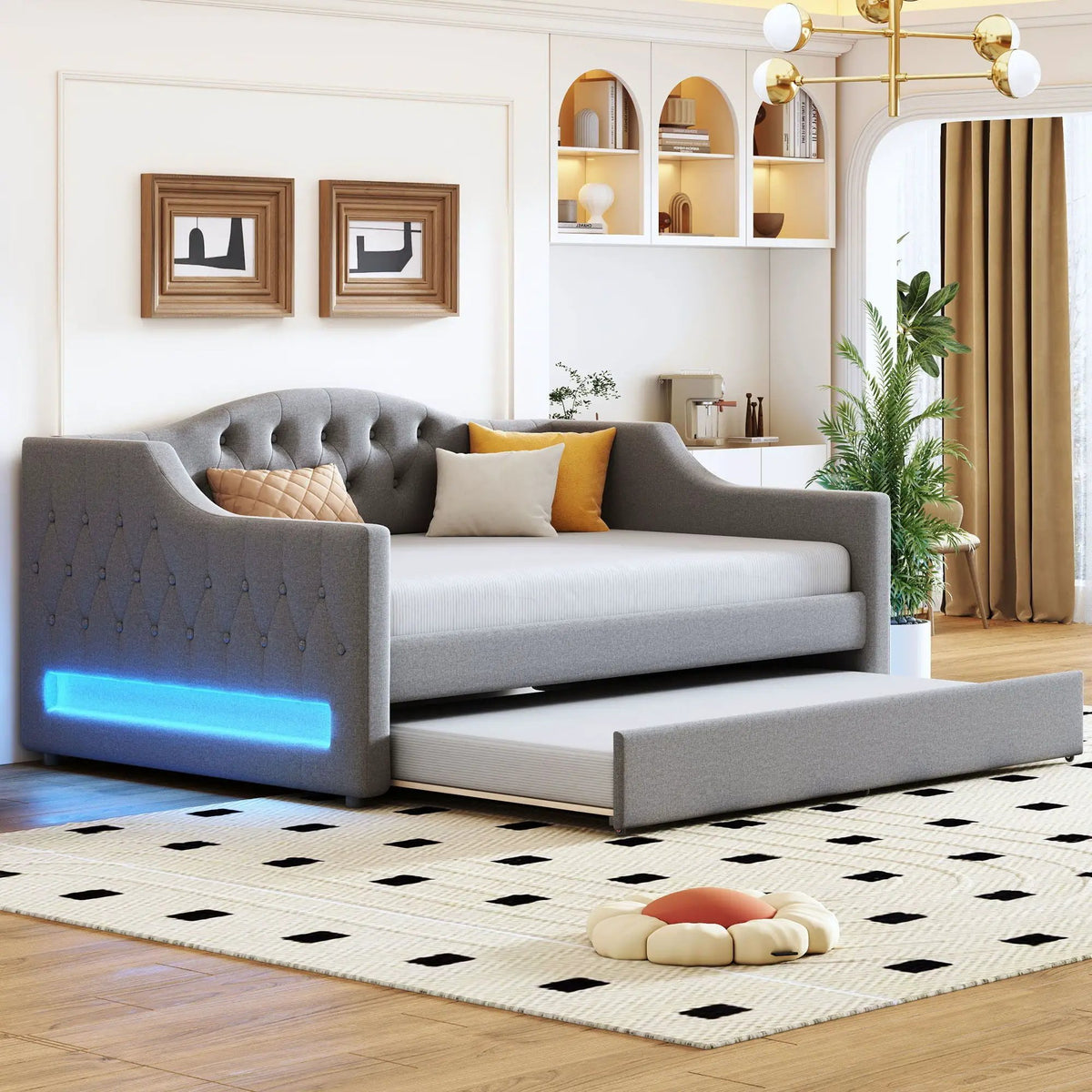 Daybed With LED Lights | Upholstered Trundle Daybed | Thickly Padded Sponge | 84 Inch Length