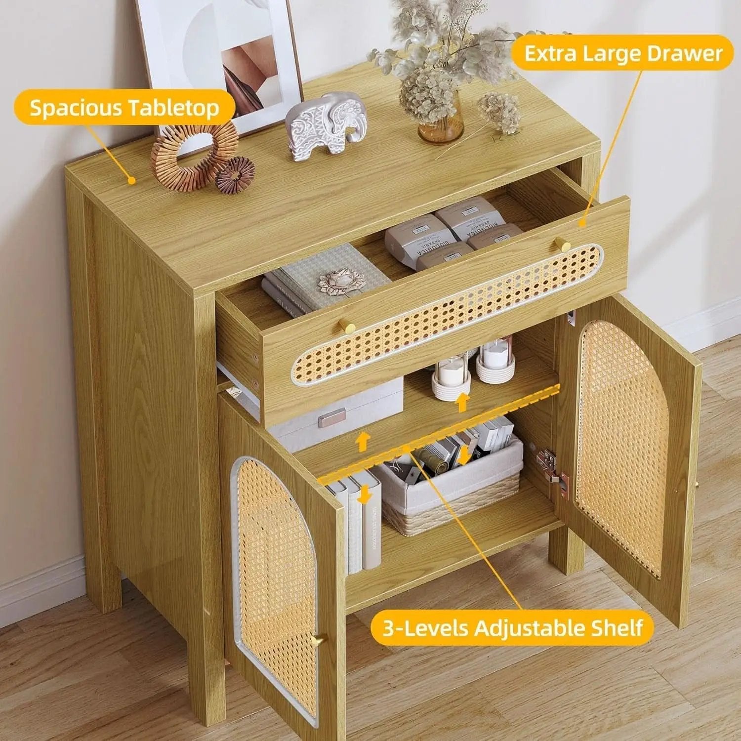 Two Piece Rattan Accent Sideboard Buffet Cabinet With Large Drawers 36 Inch High Natural Finish from PriceLows™