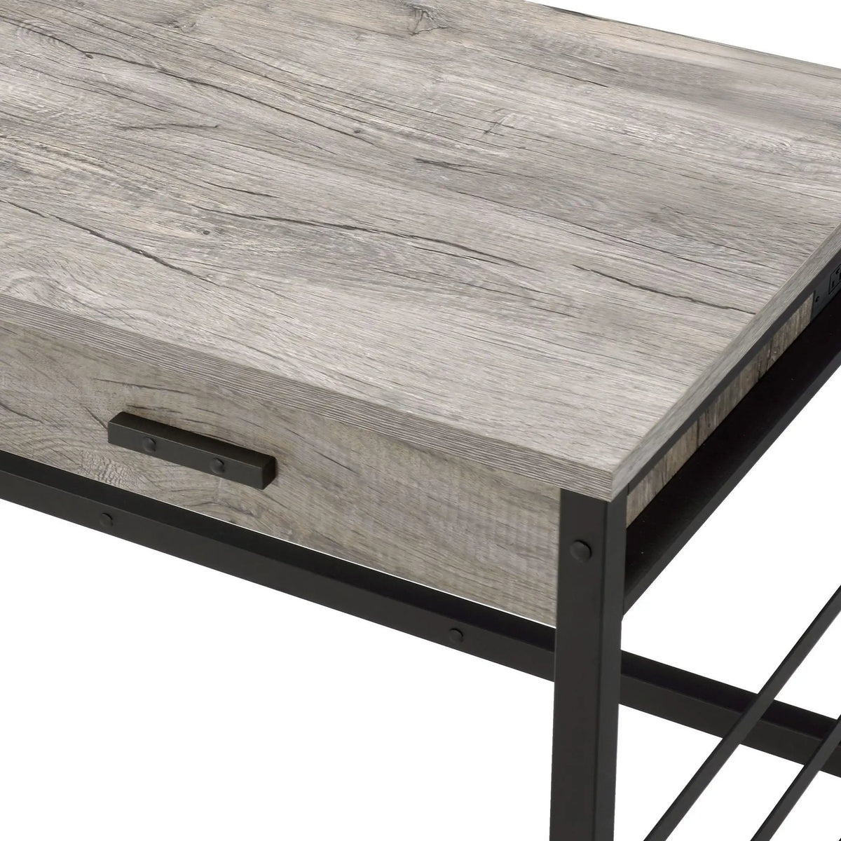Disho Weathered Writing Desk With USB | Oak Finish | Two Storage Drawers | Ladder Metal Base