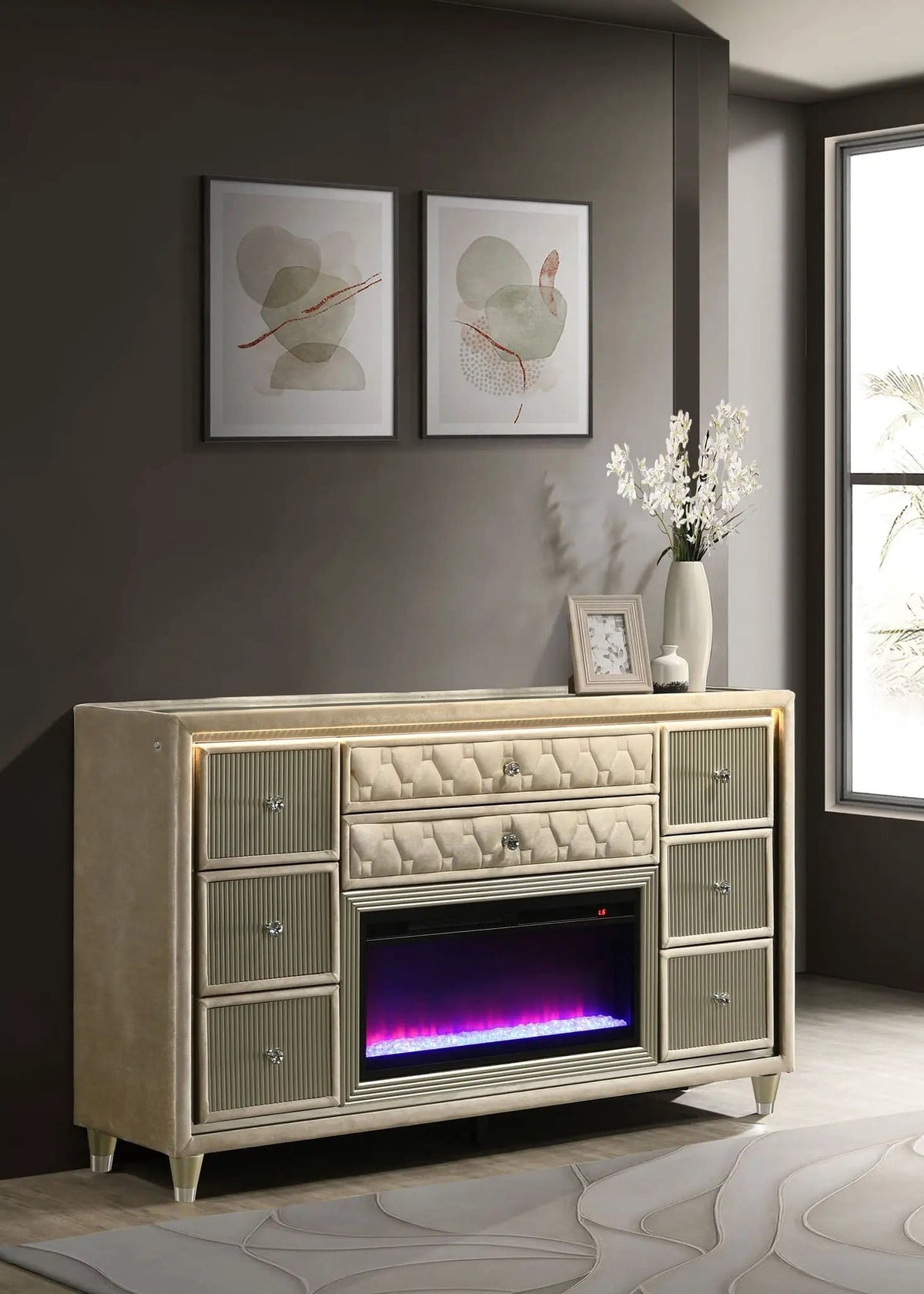 Lorient 8-drawer LED Bedroom Flame Box Dresser Ivory Camel | 66.25 x 16.25 x 39.25 in | Rubberwood & Velvet | Bedroom