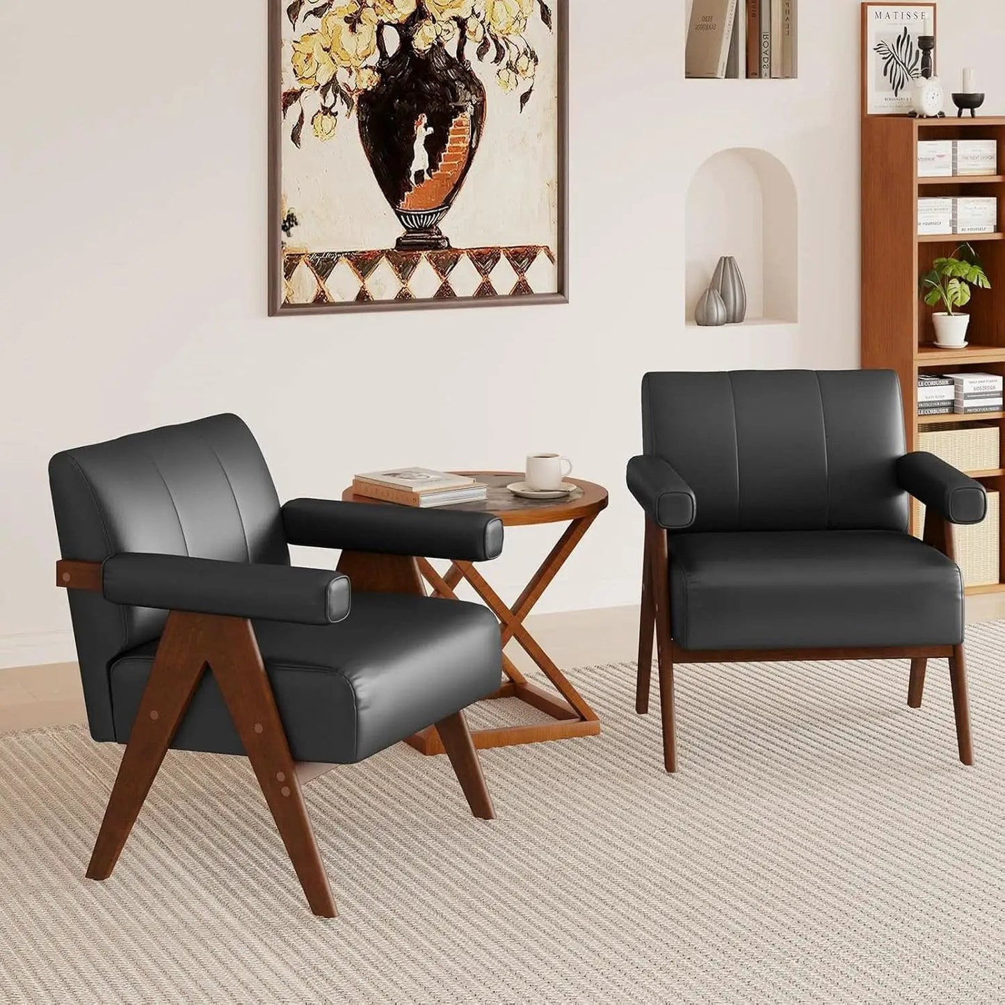 Mid Century Black Leather Upholstered Armchairs Pair from PriceLows™