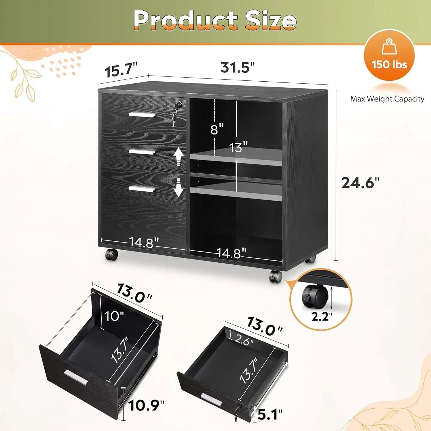 Three Drawer Wood File Cabinet With Lock Black Finish from PriceLows™