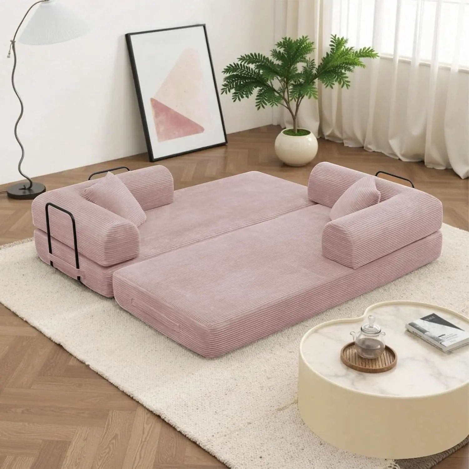 Transformable Sofa Bed QueenSize Pink Folding Frame from PriceLows™