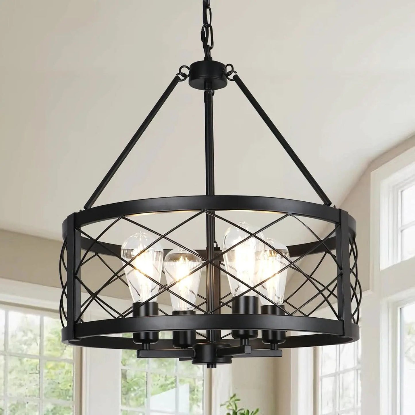 Black Industrial Chandelier Four Light Drum Fixture from PriceLows™