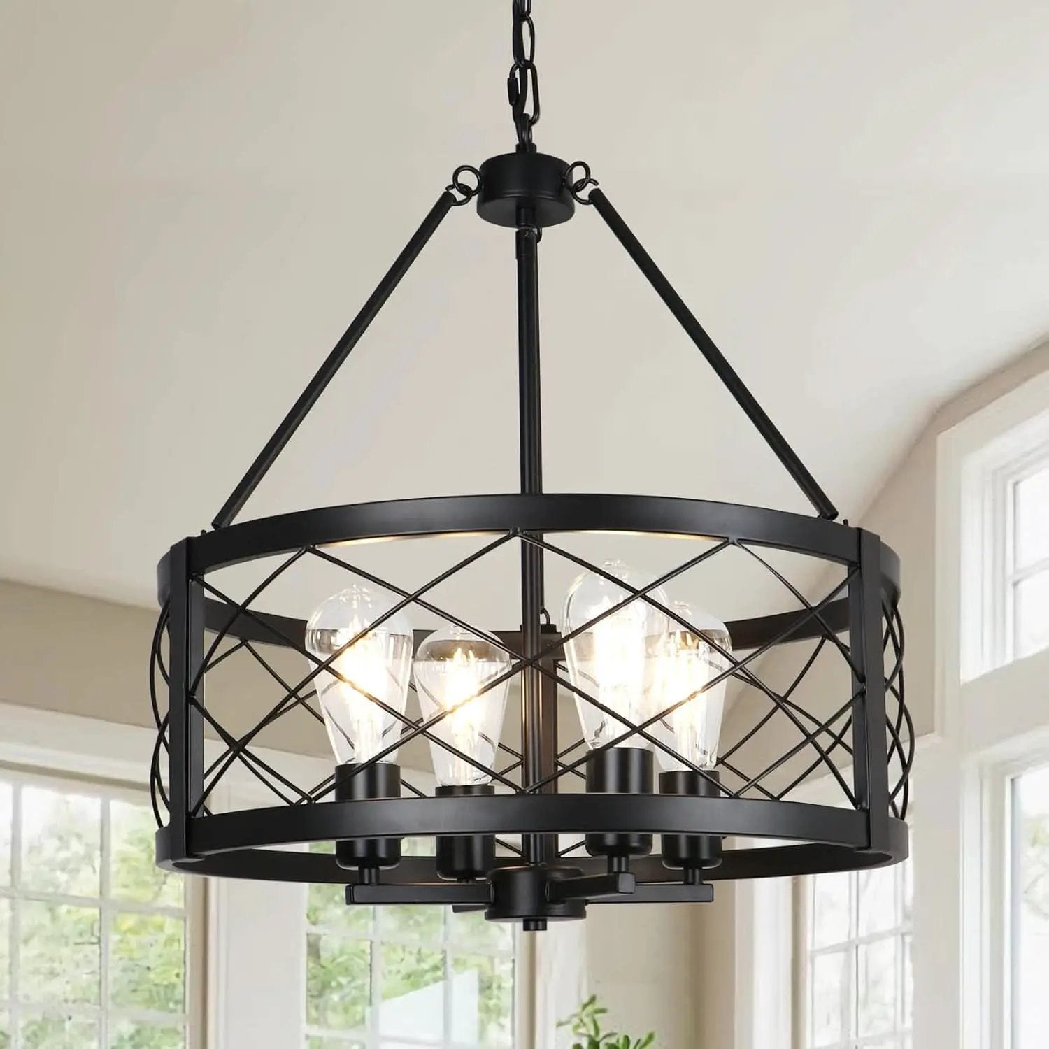 Black Industrial Chandelier Four Light Drum Fixture from PriceLows™