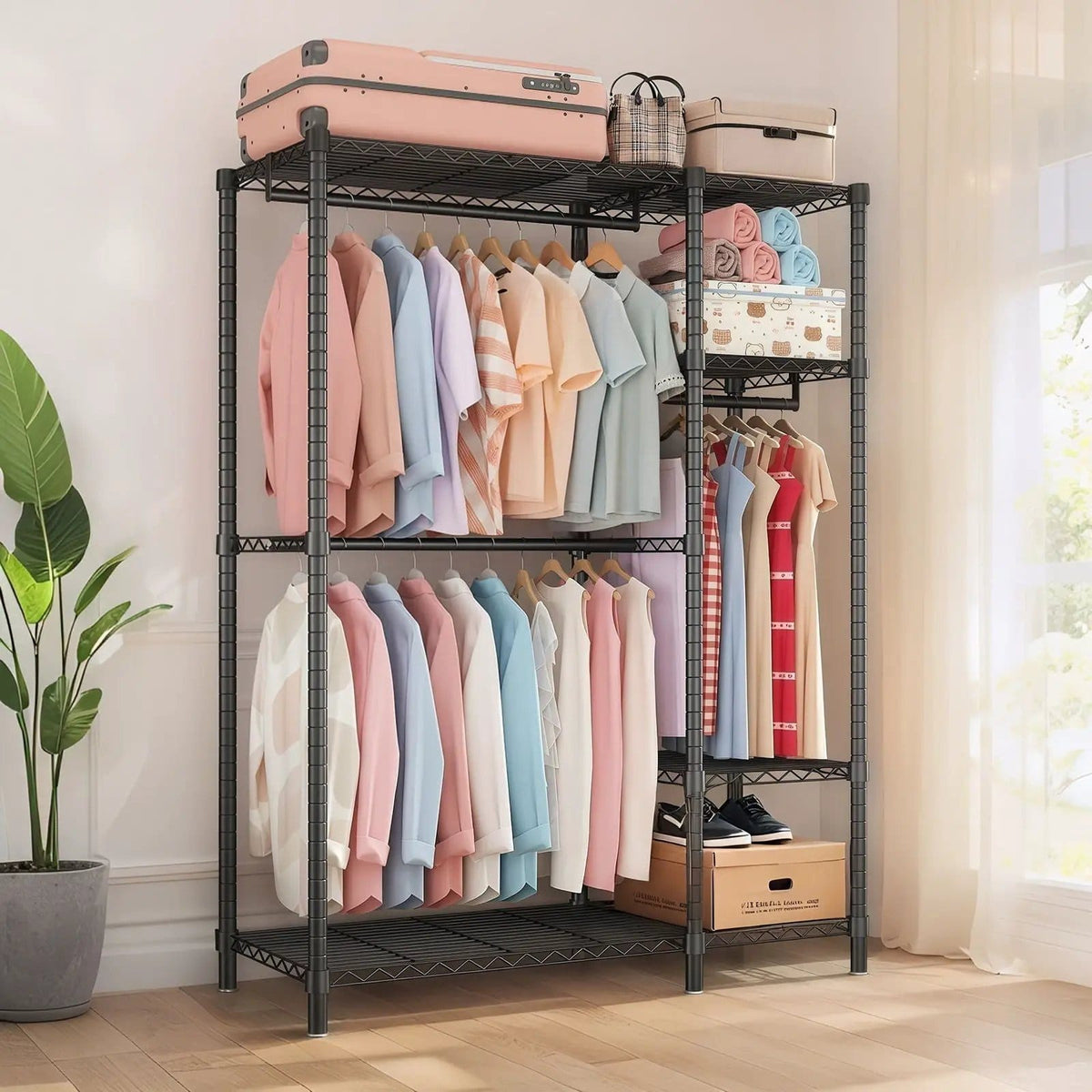 Freestanding Clothes Rack, With 6 Adjustable Wire Shelves And 3 Garment Rails | Freestanding Organizer | Steel | Black