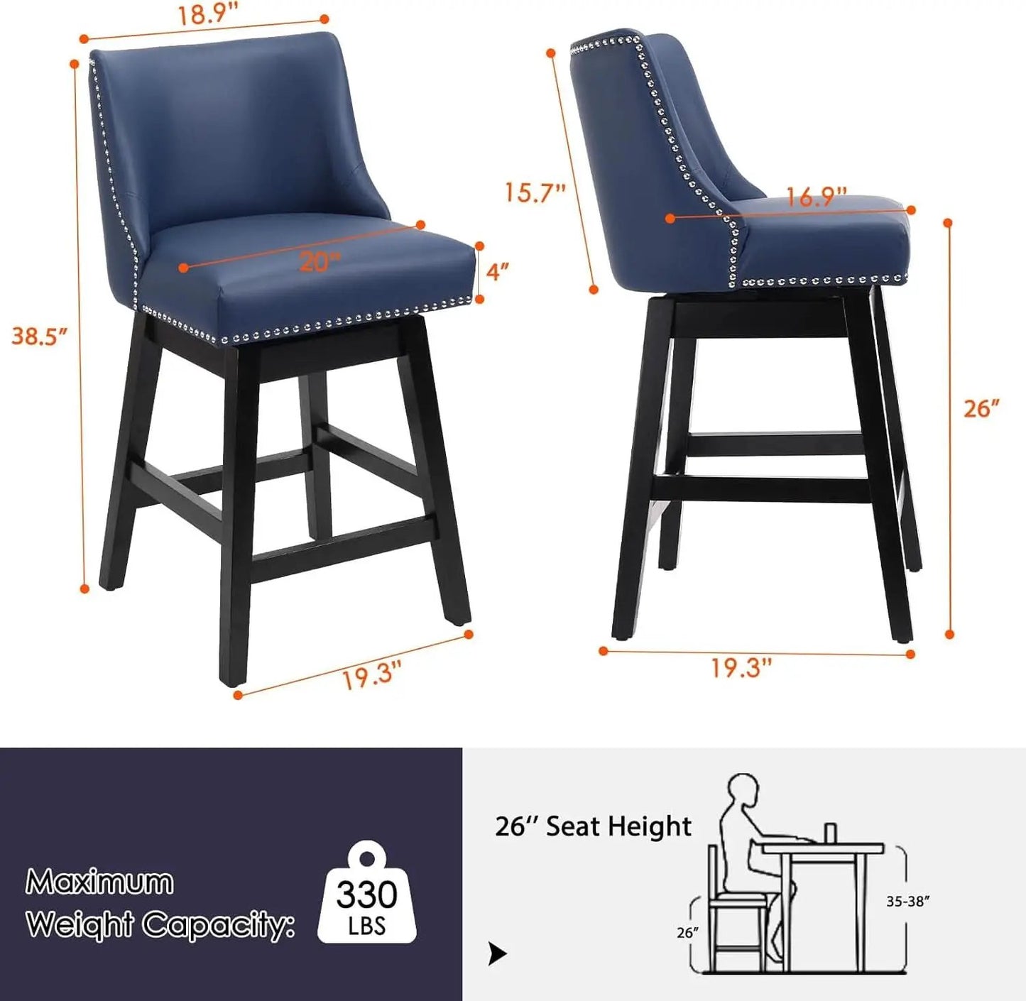 Swivel Bar Stools 26 Inch Counter Height Blue Faux Leather from PriceLows™