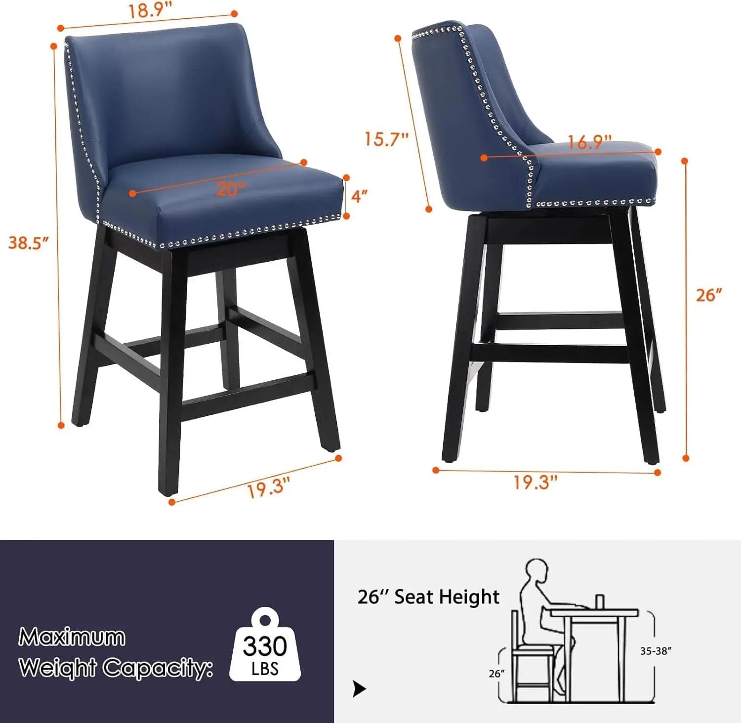 Swivel Bar Stools 26 Inch Counter Height Blue Faux Leather from PriceLows™