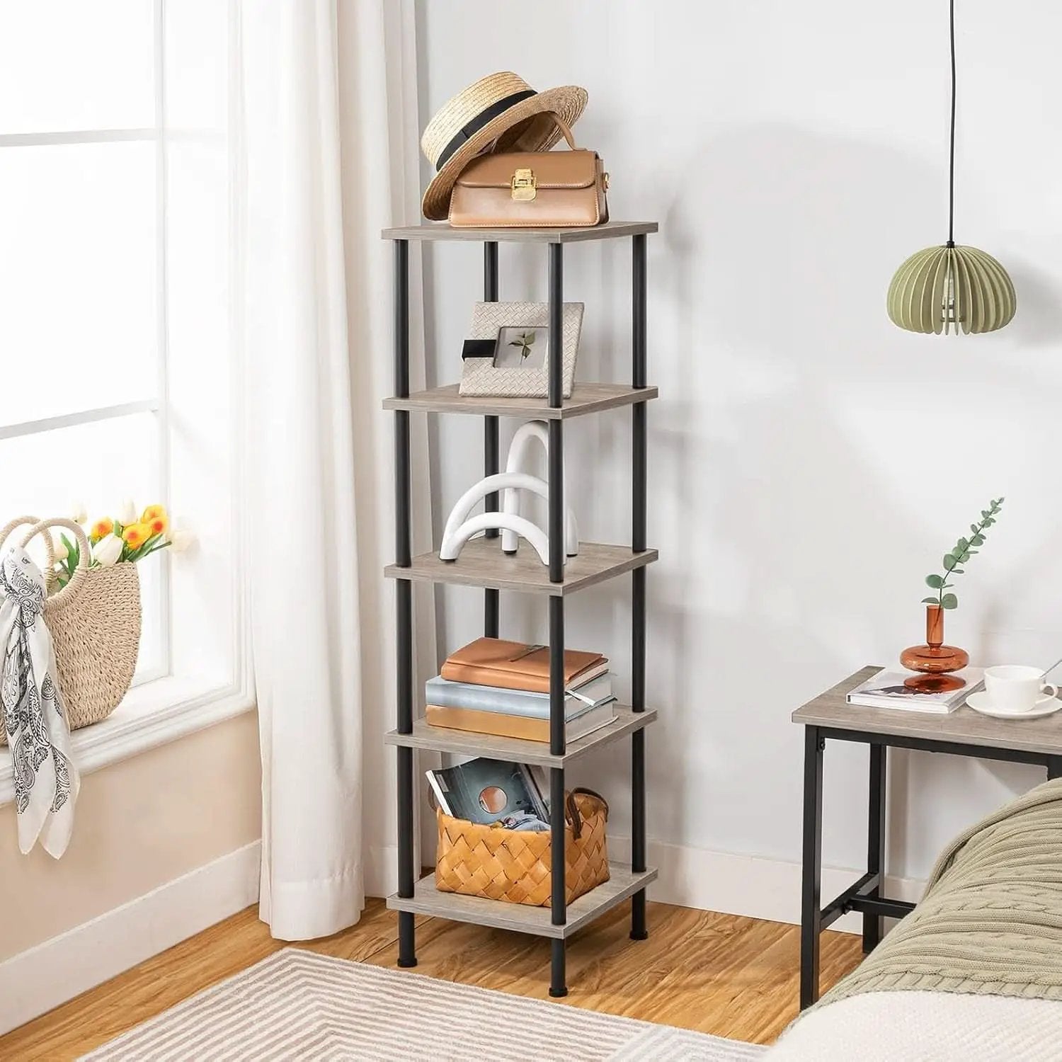 5 Tier Corner Shelf Stand Greige and Black No Tool Assembly from PriceLows™