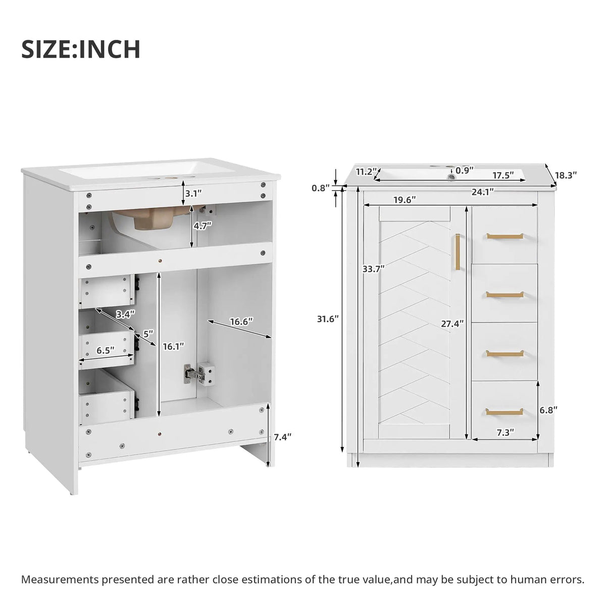24 Inch Modern Bathroom Vanity | 1 Door 3 Drawers | Ceramic Sink | Compact Footprint