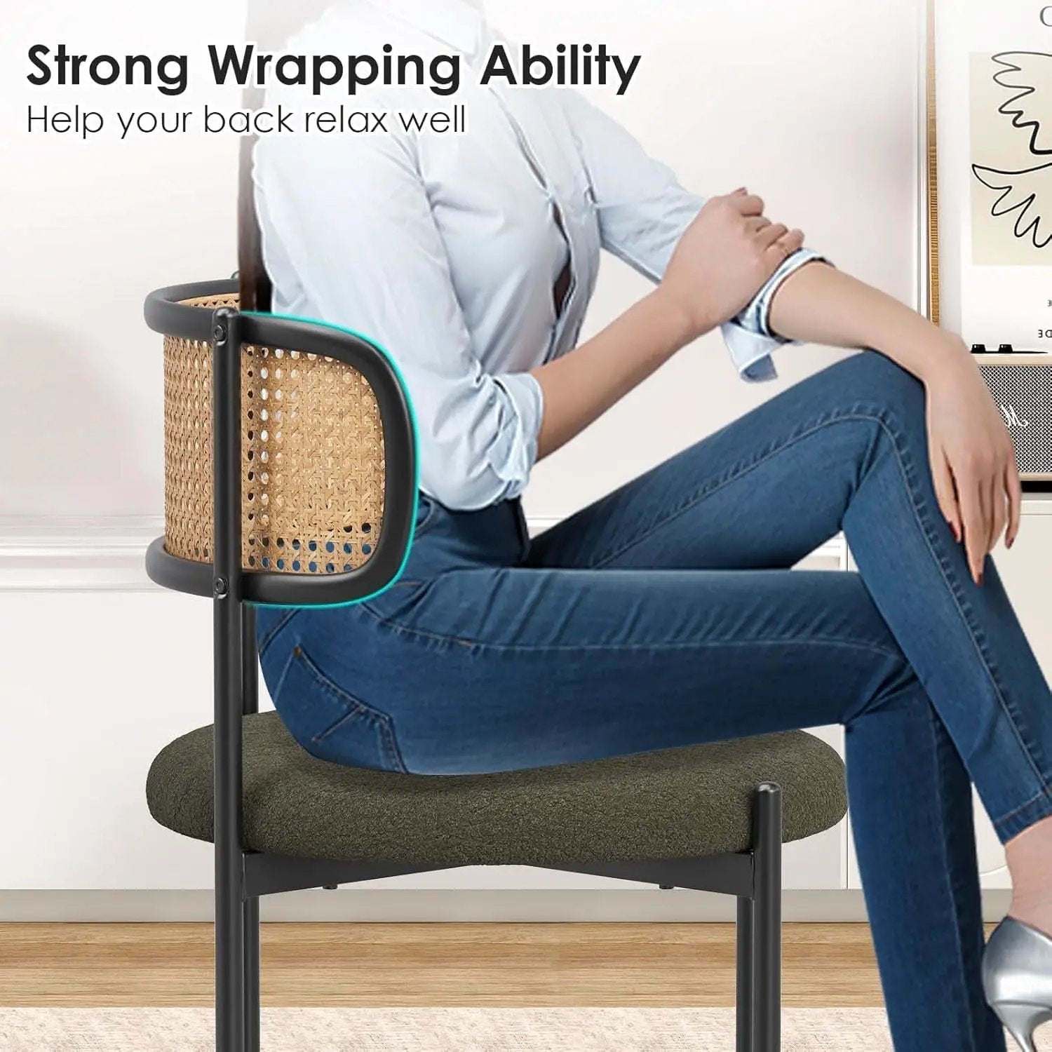 Green Rattan Backrest Mid Century Dining Chairs Set Of 2 from PriceLows™