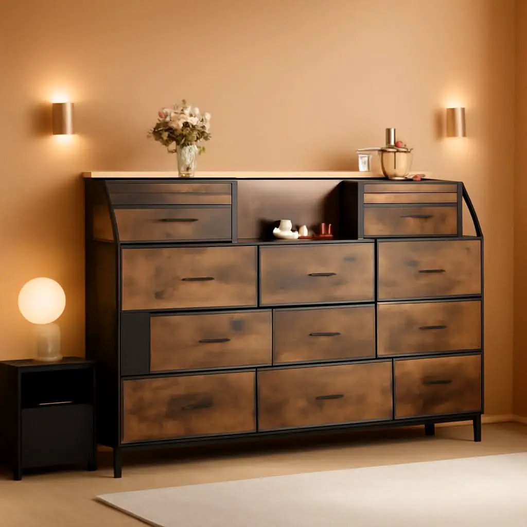 SeventyTwoInch Wide Dresser With Fabric Drawers RusticBrownWoodTop from PriceLows™