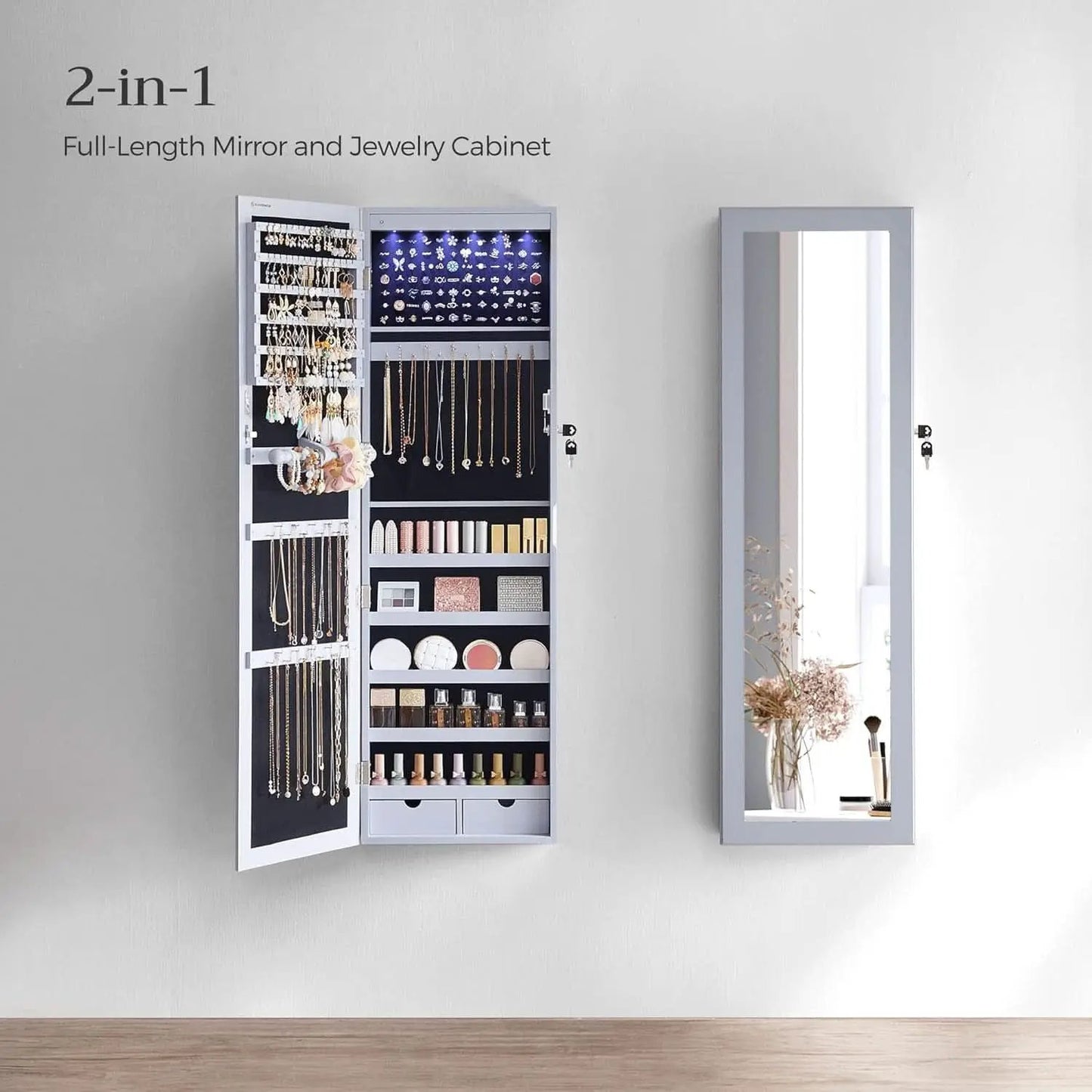 47.2 Inch Tall Lockable Jewelry Cabinet With Mirror Gray from PriceLows™