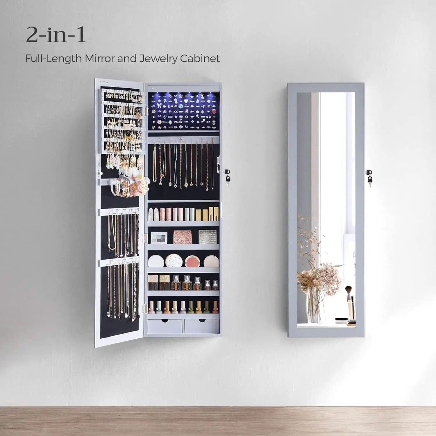 47.2 Inch Tall Lockable Jewelry Cabinet With Mirror Gray from PriceLows™