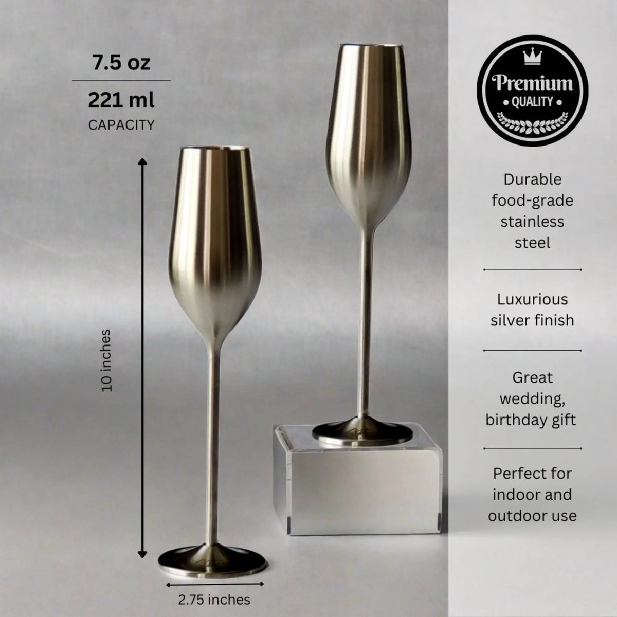 Champagne Flutes | Stainless Steel | Unbreakable Build | Silver Finish