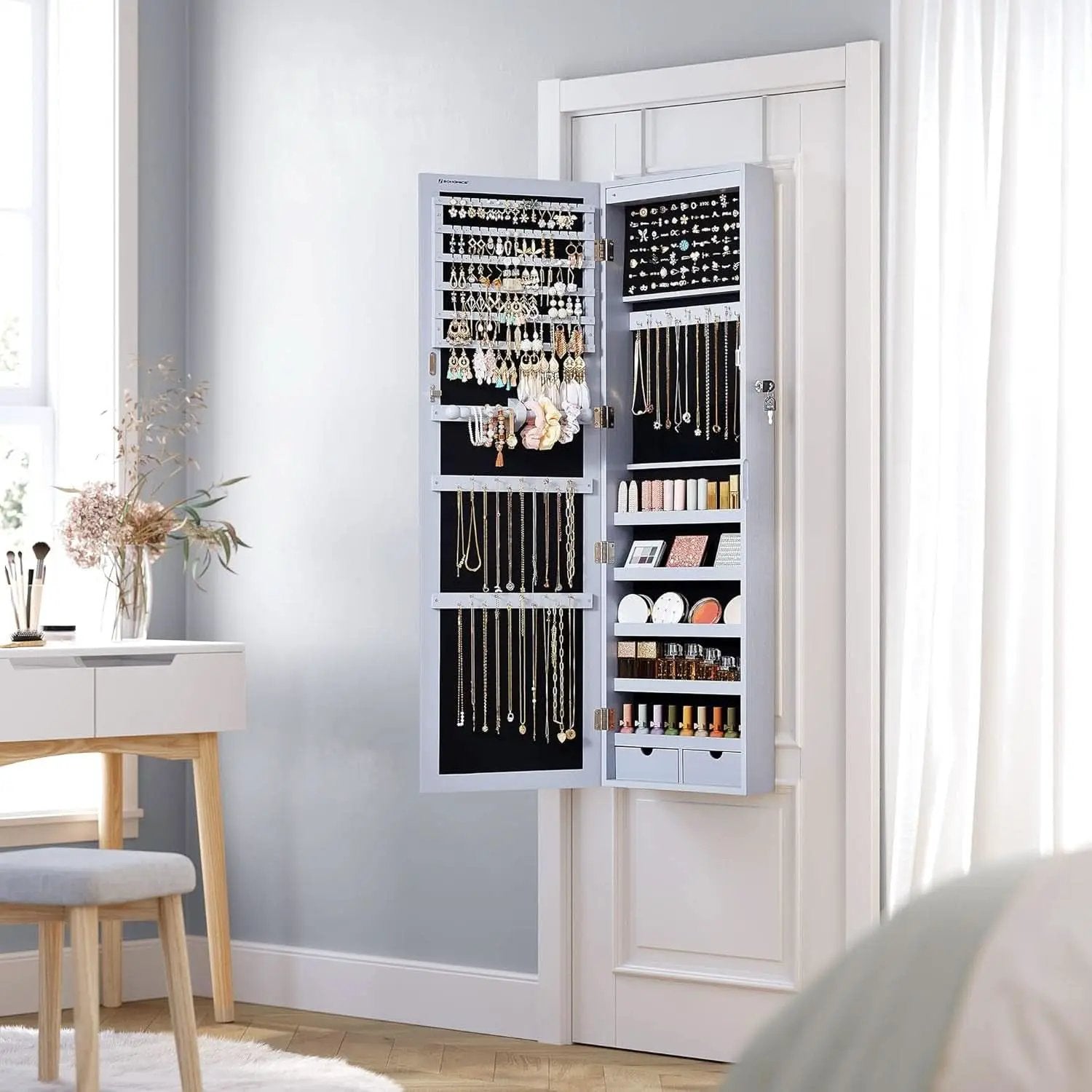 47.2 Inch Tall Lockable Jewelry Cabinet With Mirror Gray from PriceLows™