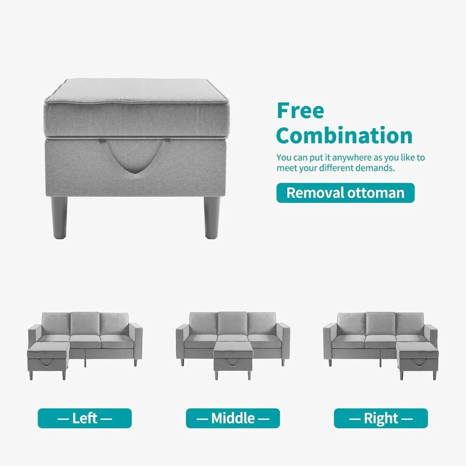 Light Grey Living Room Sofa Set With Movable Ottoman from PriceLows™