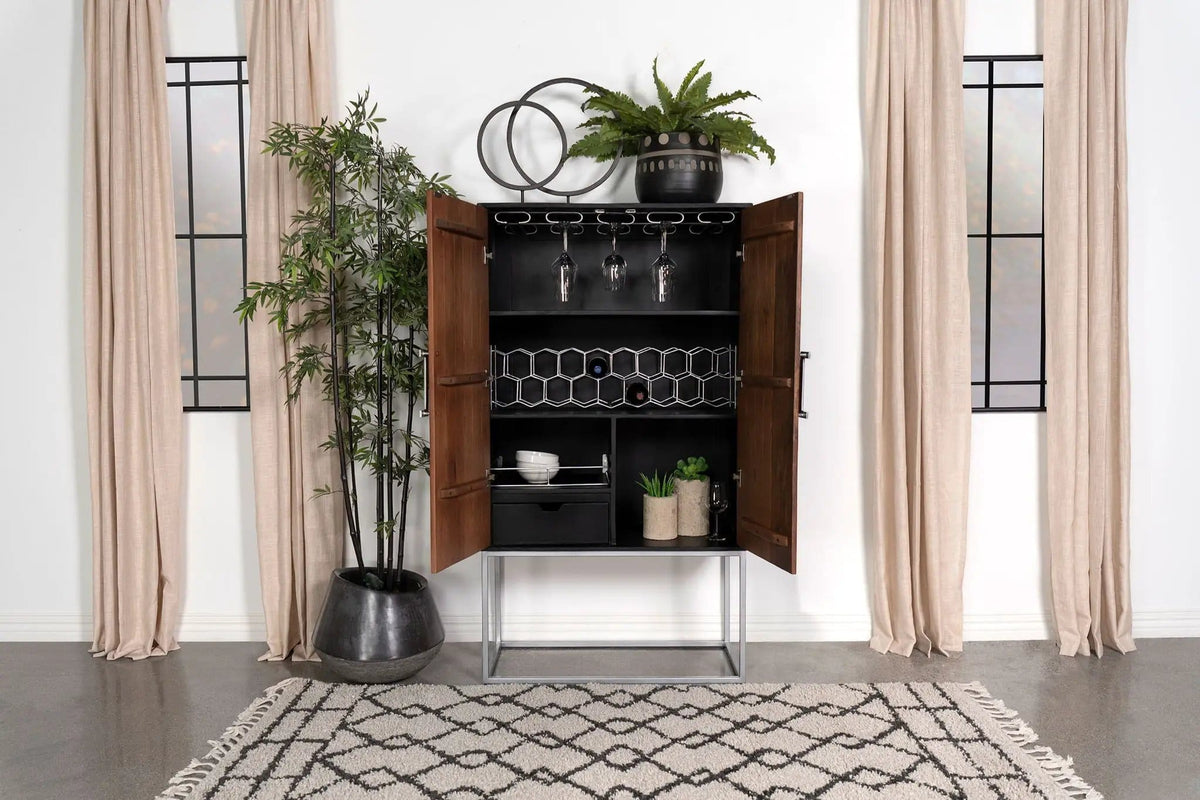 Borman 2-door Home Bar Cabinet Wine Storage Walnut and | 36 x 18 x 63.5 in | Mango Wood & Walnut | Black