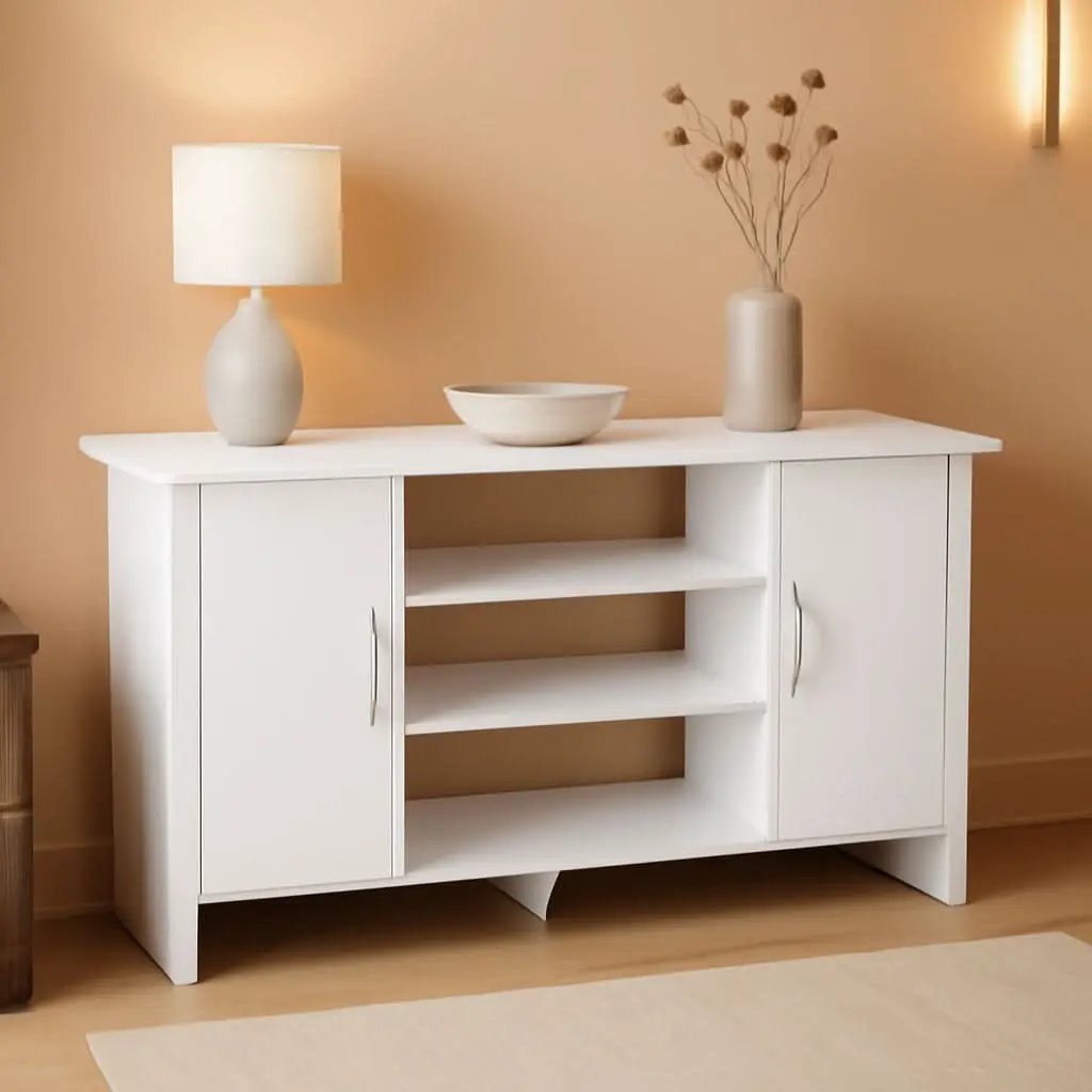 50 Inch White TV Stand With Concealed Storage And Shelves from PriceLows™