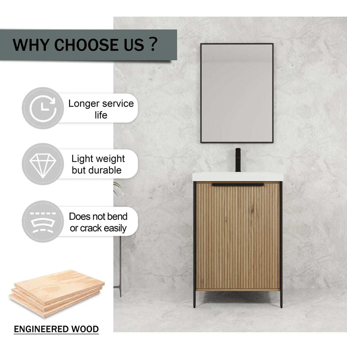 Modern Freestanding Bathroom Vanity With Resin Sink & Soft Close Cabinet Doors | 4 Pieces | Metal & Plywood | Bathroom