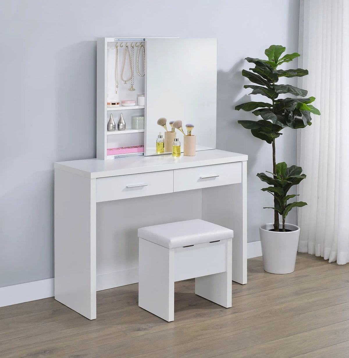 Bunbury Makeup Vanity Table Set Storage Mirror and Stool | 40 x 15.75 x 58.5 in | Engineered Wood & Veneer | White