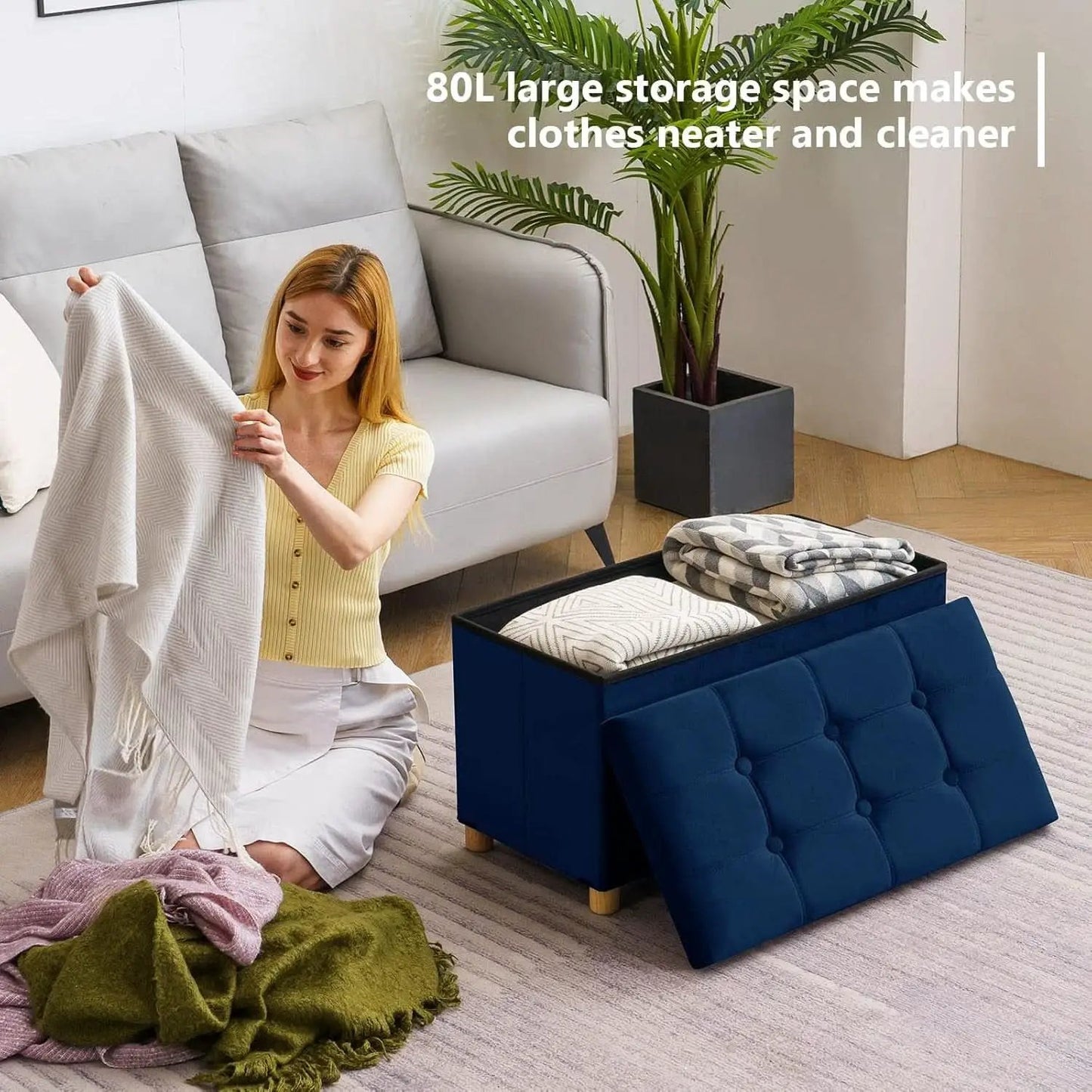 30 Inch Multifunctional Folding Storage Ottoman Navy from PriceLows™