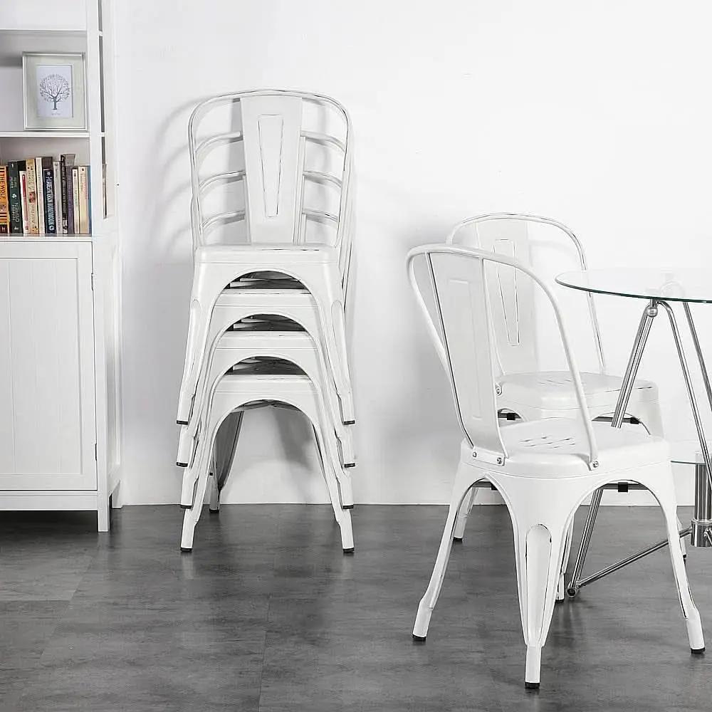Stackable Distressed White Metal Dining Chairs For Indoor Outdoor Set Of 4 from PriceLows™