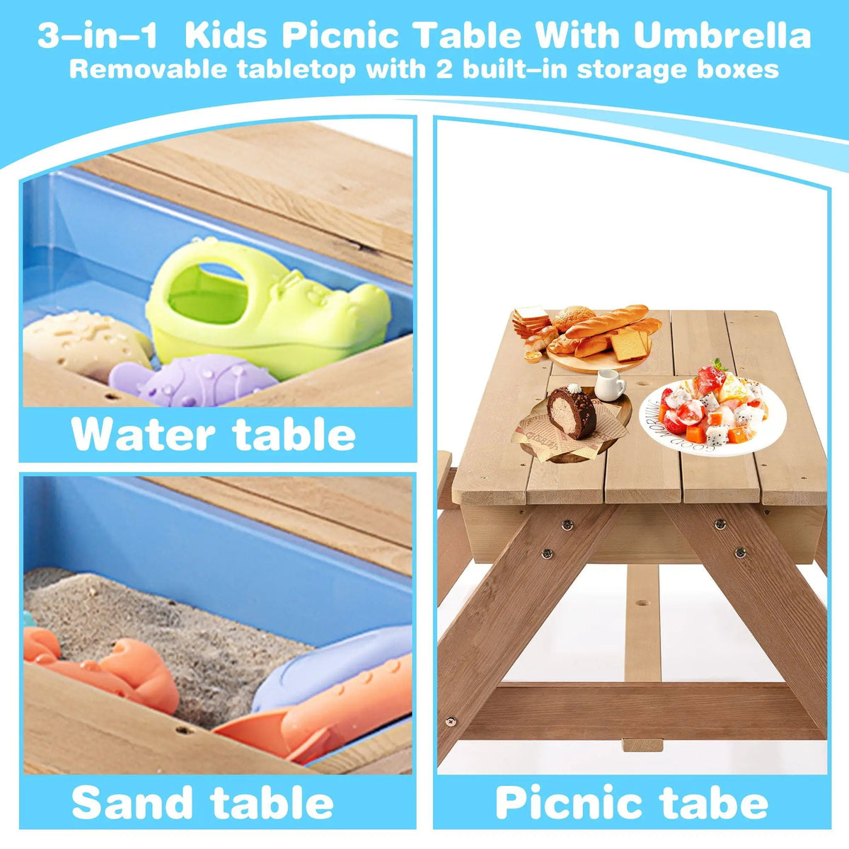 Kids Picnic Table With Umbrella | 3-In-1 Convertible Design | Natural Cedar Wood | Sand And Water Play