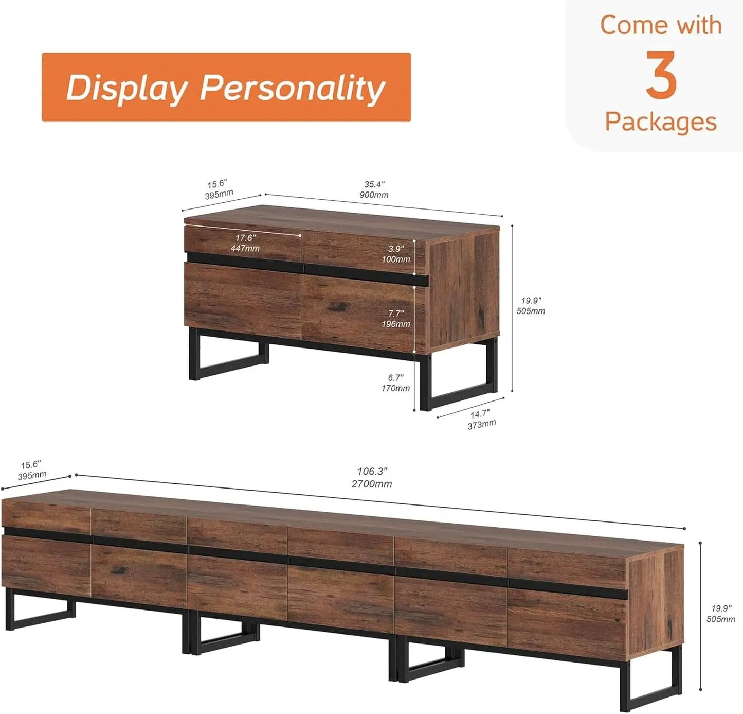 3 In 1 Modern TV Stand For TVs Up To 110 Inches With Storage Cabinets And Metal Base Walnut Brown from PriceLows™