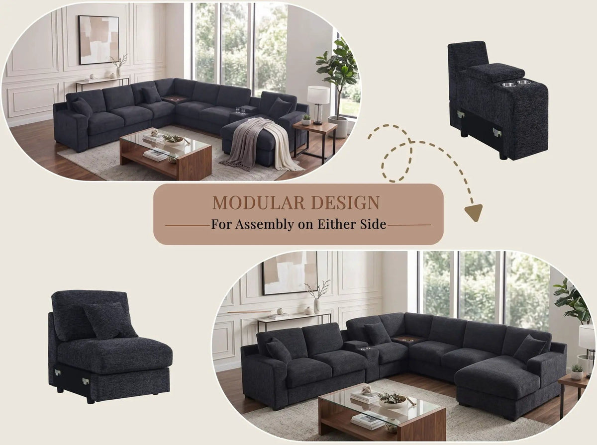 Celine Fabric Corner Sectional Sofa With Right-Facing Chaise, Cupholders, And | 3 Pieces | Fabric | Living Room
