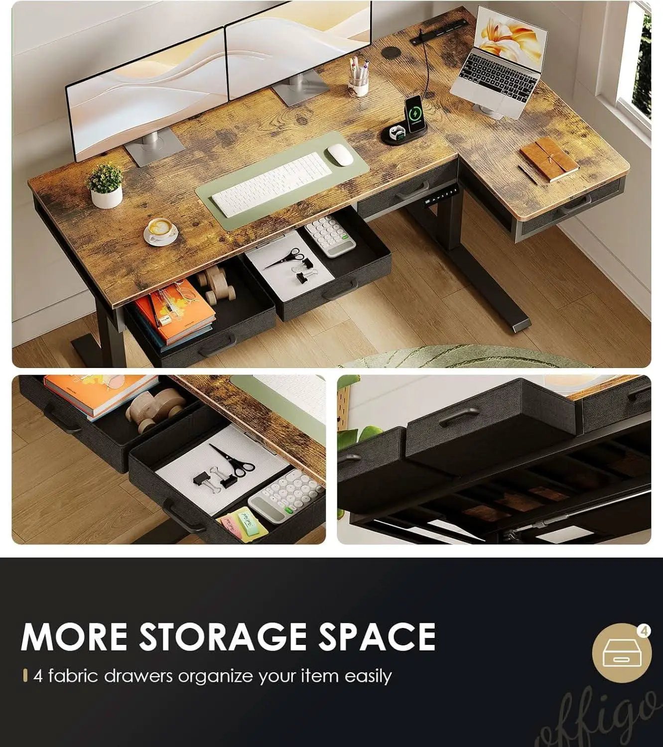 Sixty Three Inch L Shaped Electric Height Adjustable Desk Drawers from PriceLows™