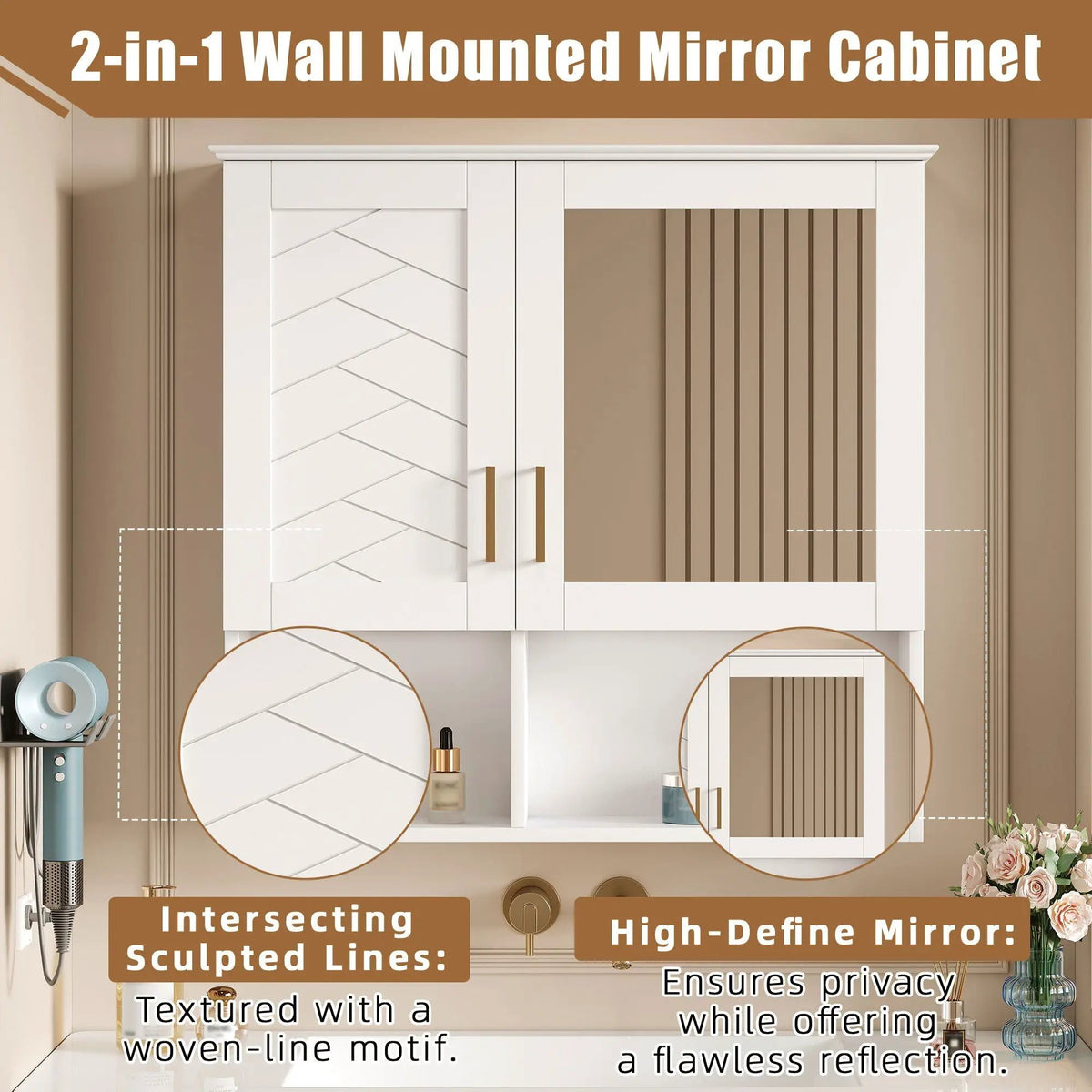 Wall Mounted Mirror Cabinet | Soft Close | Adjustable Shelves | HD Mirror