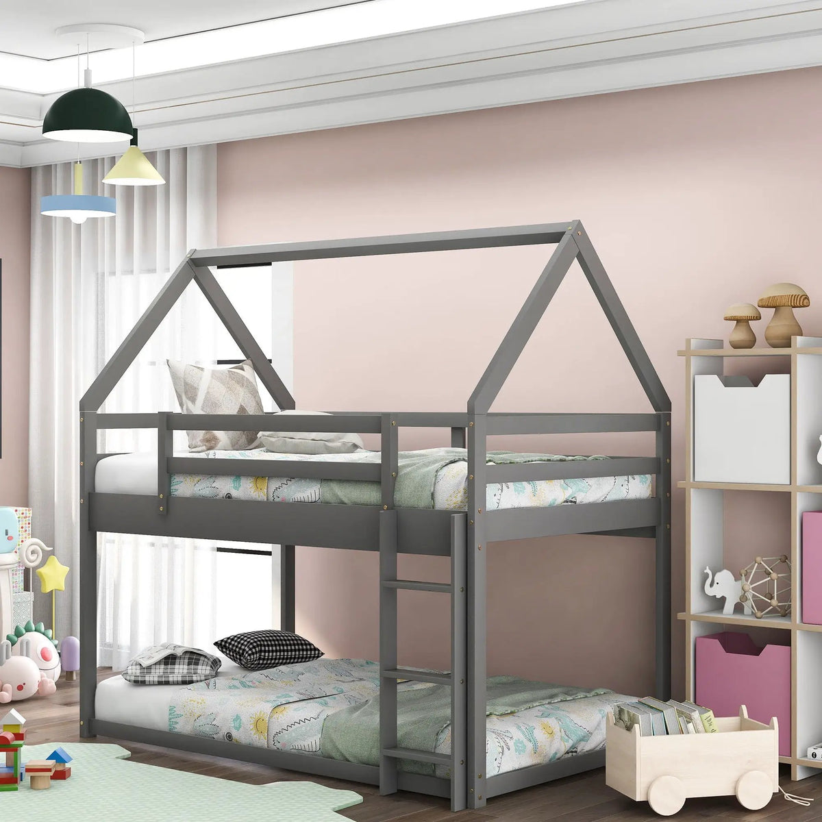 Low Bunk Bed | House-Shaped Frame | Ladder Included | Pine Wood Construction
